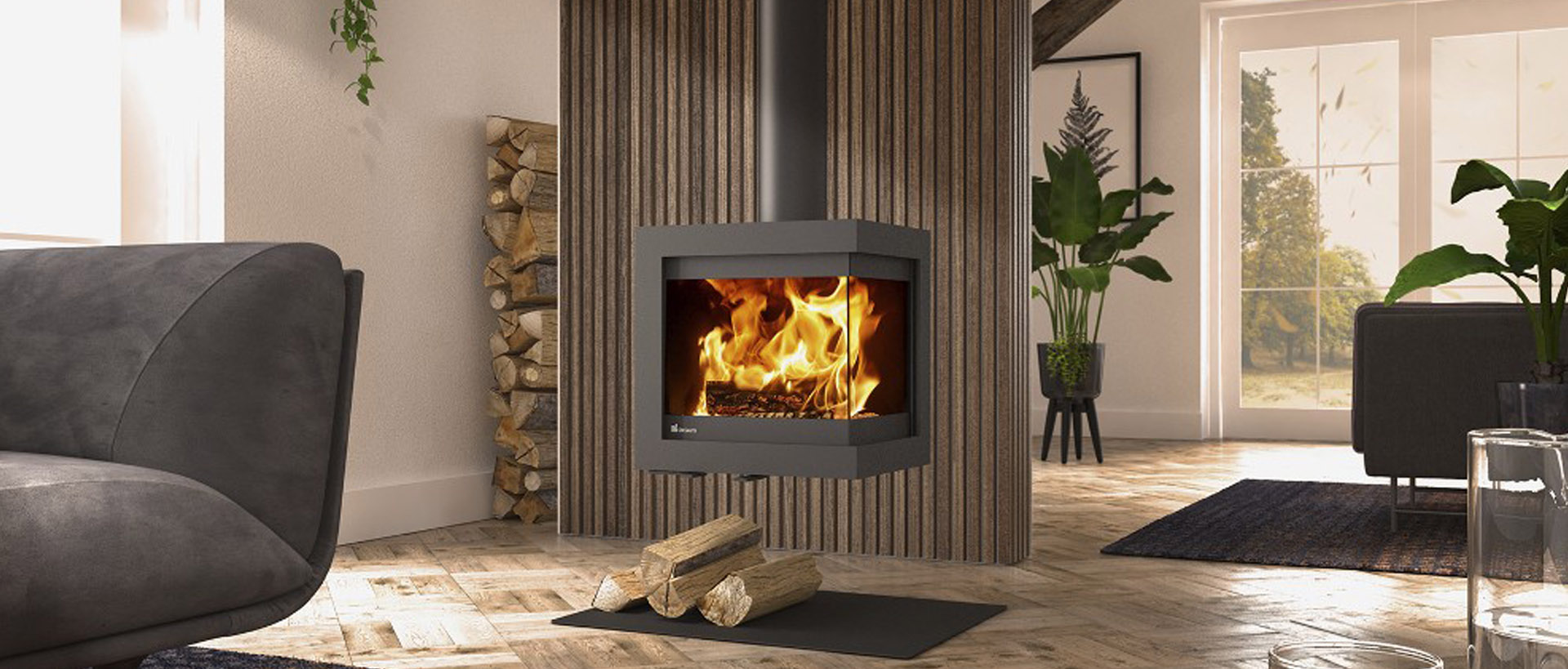 Poêle à bois Bora corner suspendu fonte flamme Poêle à bois Bora corner suspendu fonte flamme