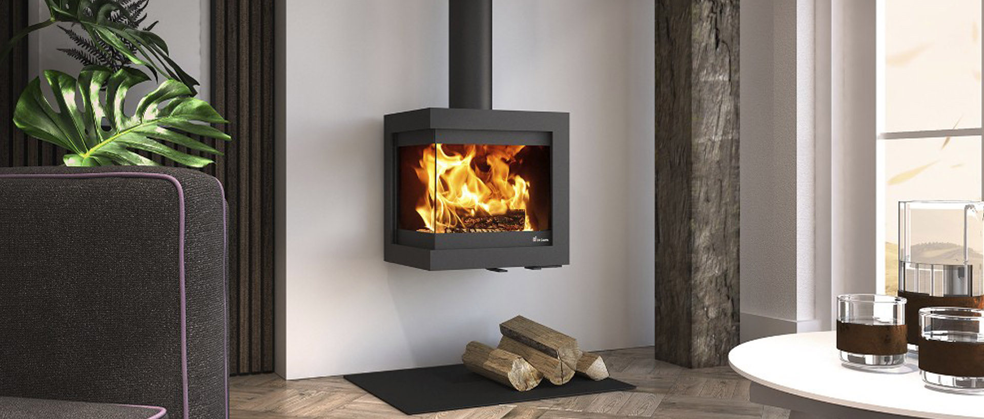 Poêle à bois bora corner wall fonte flamme Poêle à bois bora corner wall fonte flamme
